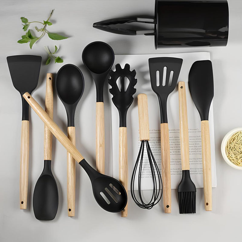 KIT de Utensilio de Cozinha em Silicone com Cabo de Madeira Tratada