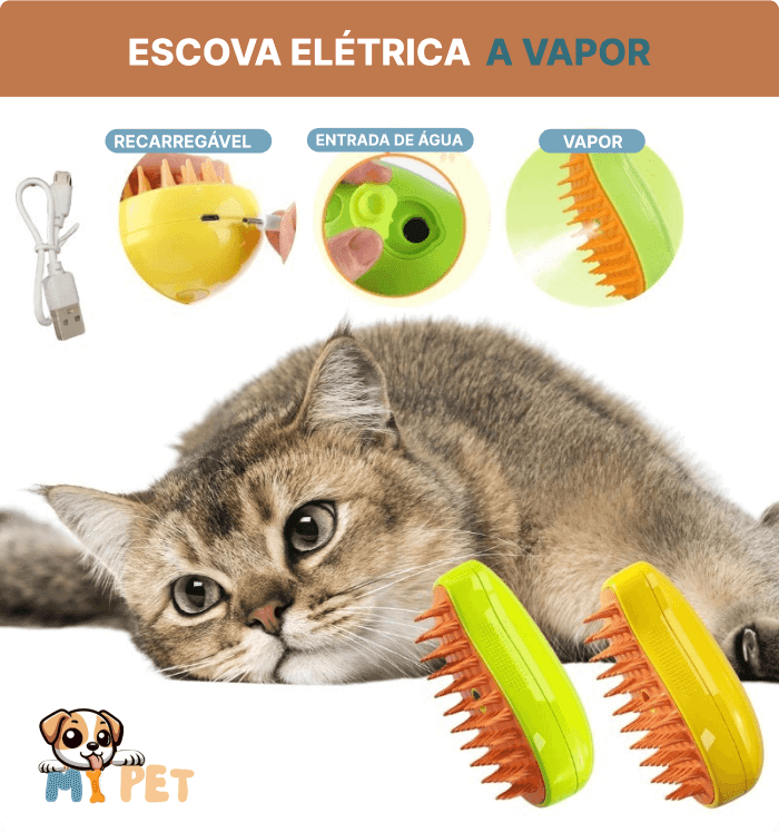 Escova 3 em 1 Para Gatos - Removedor de Pelos, Massagem Limpeza a Vapor | Escova Autolimpante para Pets