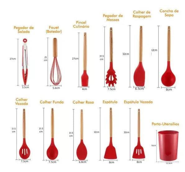 Kit de Utensílios de Cozinha - 12 Peças de Silicone + Brinde: Kit com 2 Garrafas (900ml e 300ml)