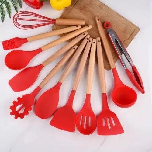 Kit de Utensílios de Cozinha - 12 Peças de Silicone + Brinde: Kit com 2 Garrafas (900ml e 300ml)