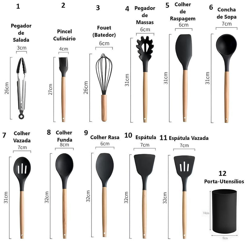 KIT de Utensilio de Cozinha em Silicone com Cabo de Madeira Tratada