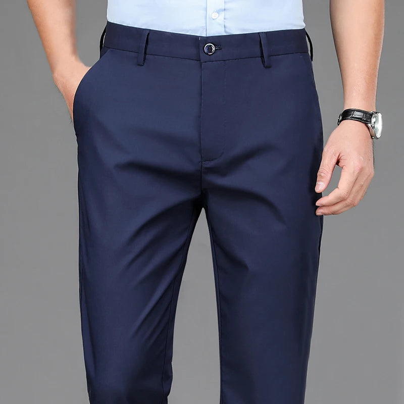 Male Smart Casual Pants Stretchy Sports Men's Fast Dry Trousers Spring Autumn Full Length Straight Office Black Navy Work Pants