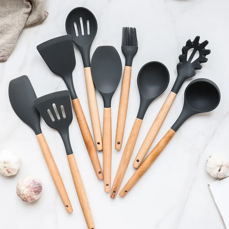 12PCS Silicone Kitchenware Non-Stick Cookware Kitchen Utensils Set Spatula Shovel Egg Beaters Wooden Handle Cooking Tool Set