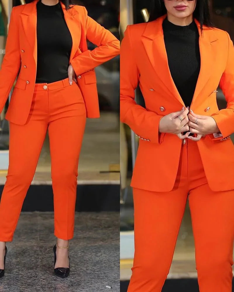 2pcs Women Office Clothing Set Long Sleeve Blazer Jacket & High Waist Pencil Pants Solid Color