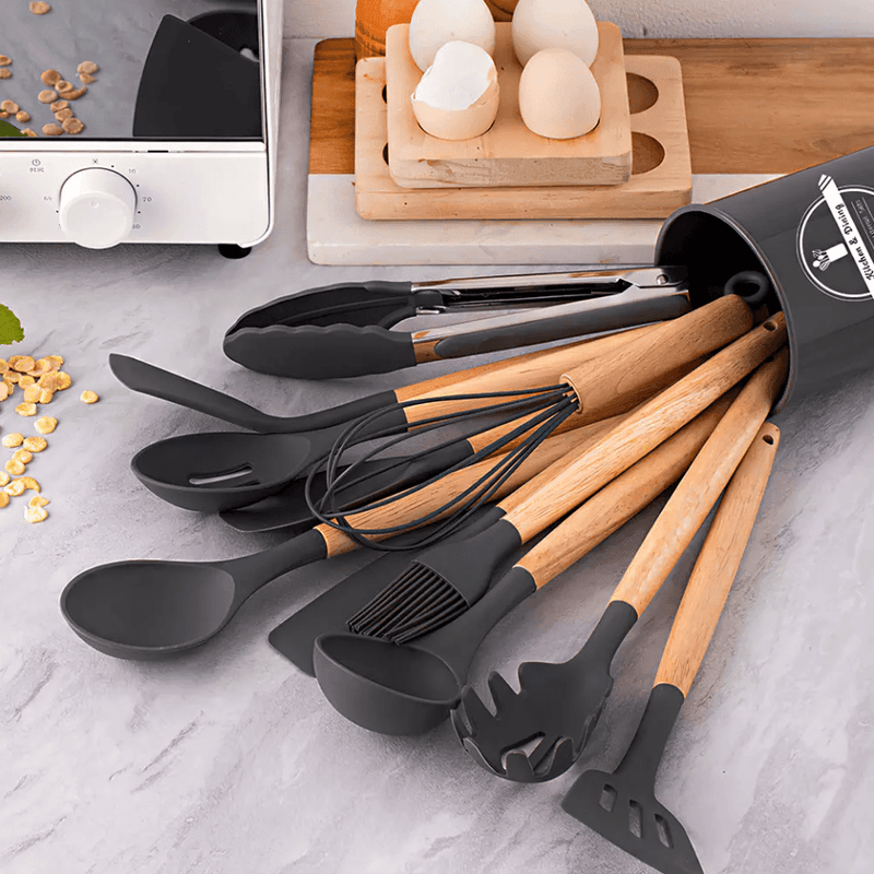 KIT de Utensilio de Cozinha em Silicone com Cabo de Madeira Tratada